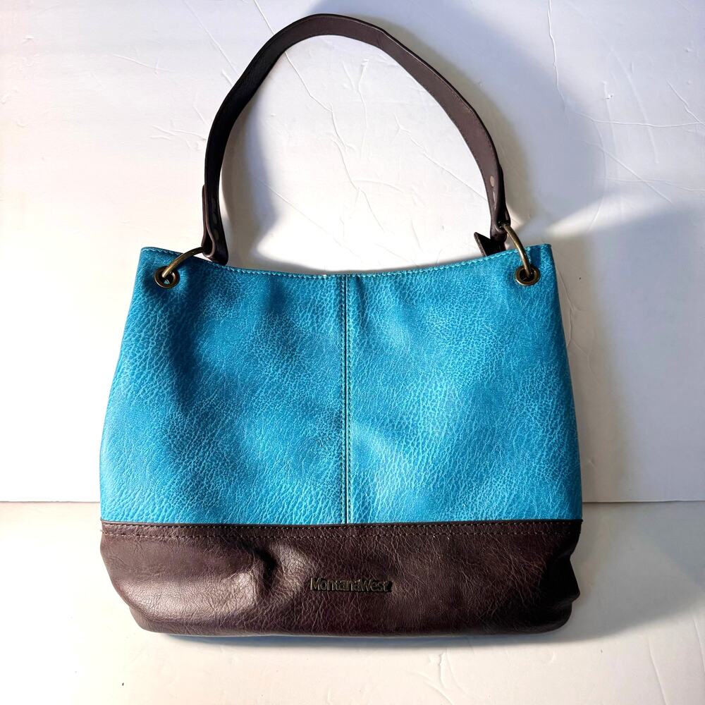 Montana West Turquoise and Brown Hobo Shoulder Tote Bag Vegan Pebbled Leather